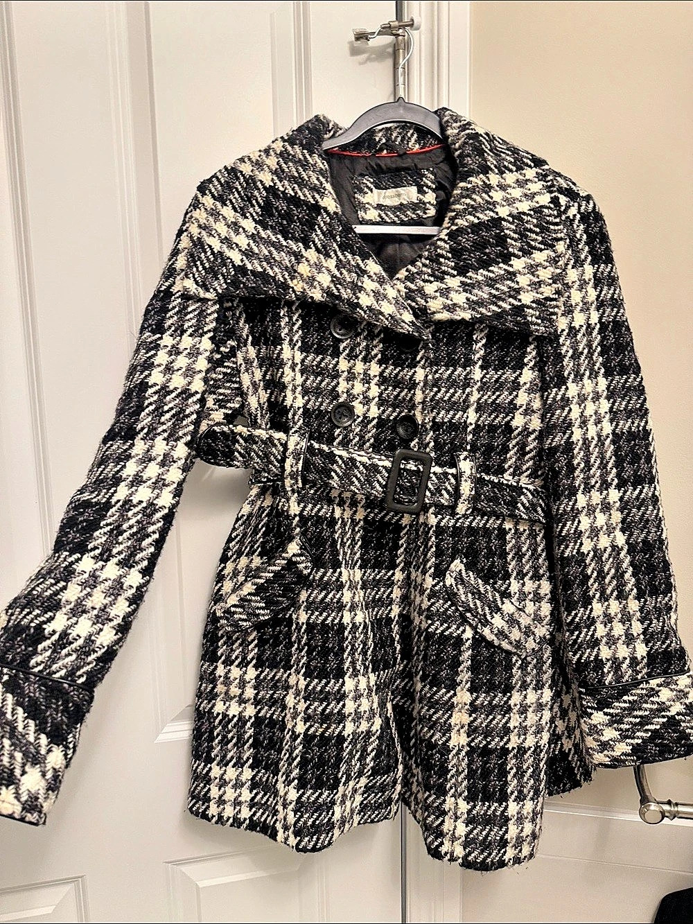 Dressbarn Women's Houndstooth Belted Pea Coat Black & White